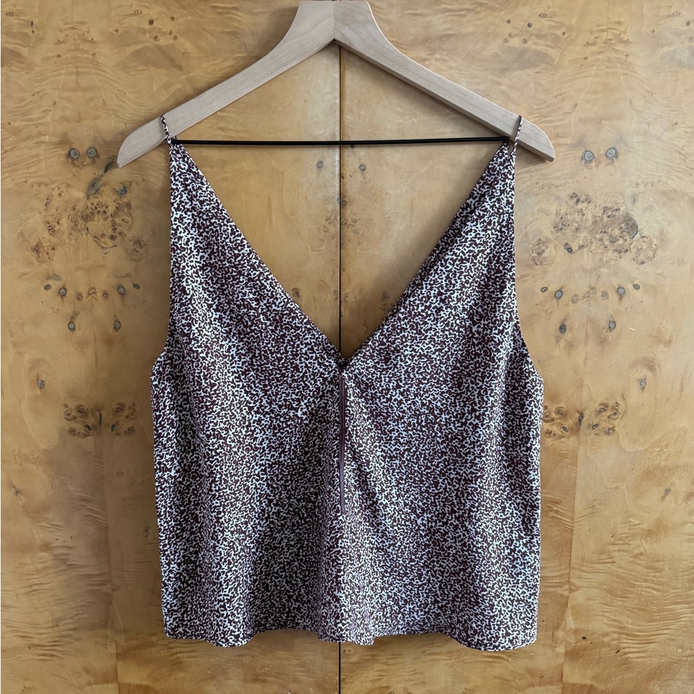 Veda Brice 100% Silk Top - Bordeaux Abstract Print - Leather Accent - Small